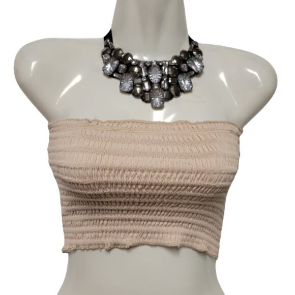 SEXY Beige Crop Top Strapless Tube Top Smocked Stretchy Summer Bandeau. - Picture 2 of 9